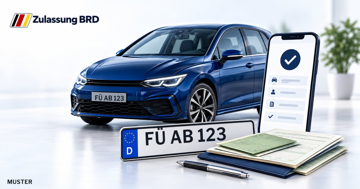 Online Fahrzeugzulassung in Langenzenn: Musterkennzeichen FÜ AB 123, Auto und Fahrzeugpapiere und Smartphone. Illustration mit Logo von Zulassung BRD.